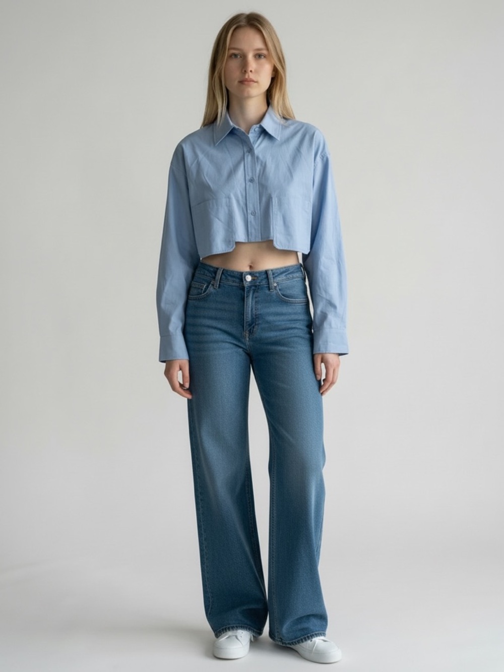 Stella Dallas Oversized Boxy Crop Top Size L Blue Patch Pocket Button Up Preppy